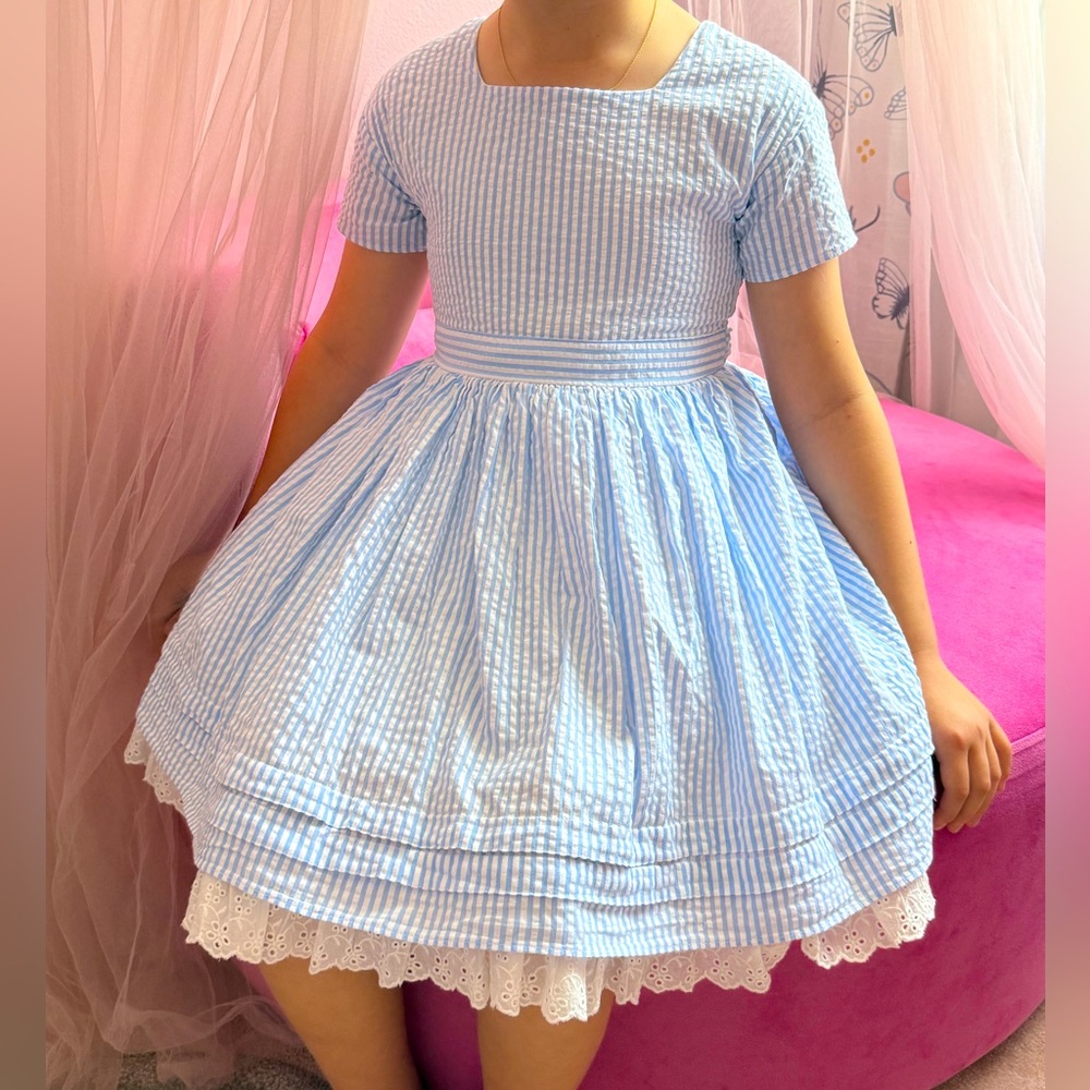 Madeline Blue and White Striped Seersucker Dress